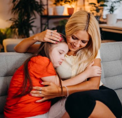 Young mother embracing her disabled child while they sitting on sofa in the room